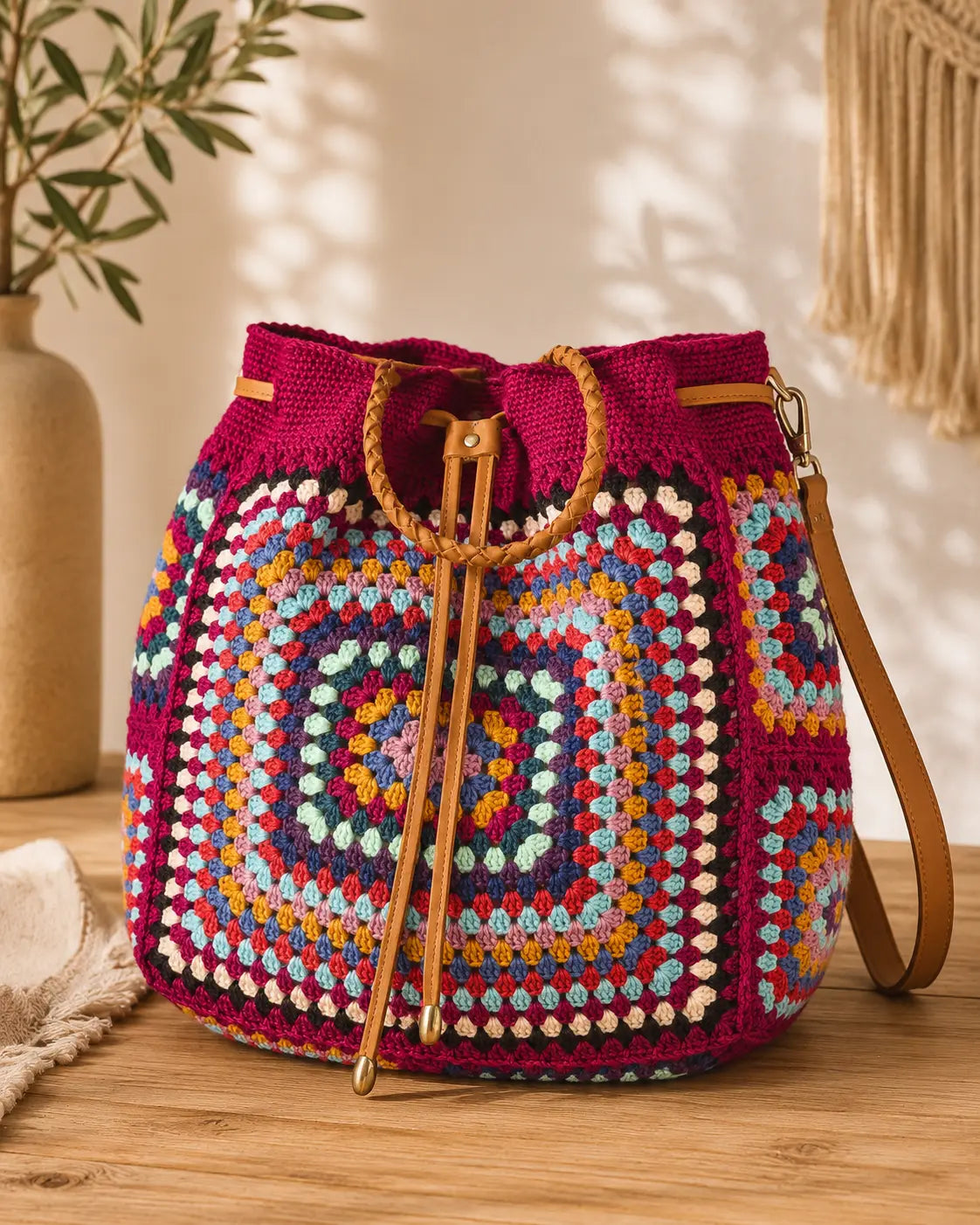 Bolso terminado en primer plano con hilos alrededor